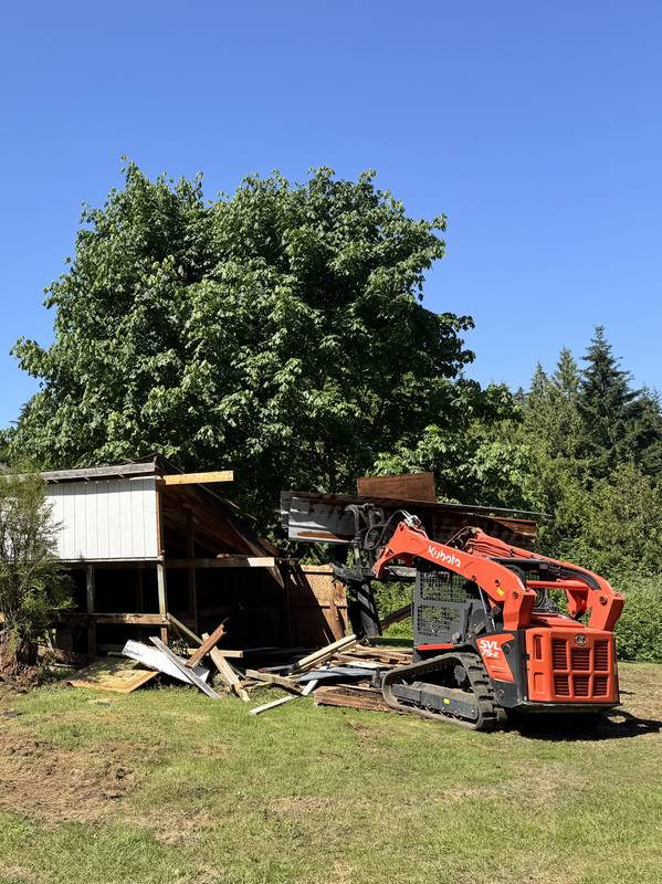 Classic Cleanouts tearing down an old barn with a compact track loader during a heavy demolition job